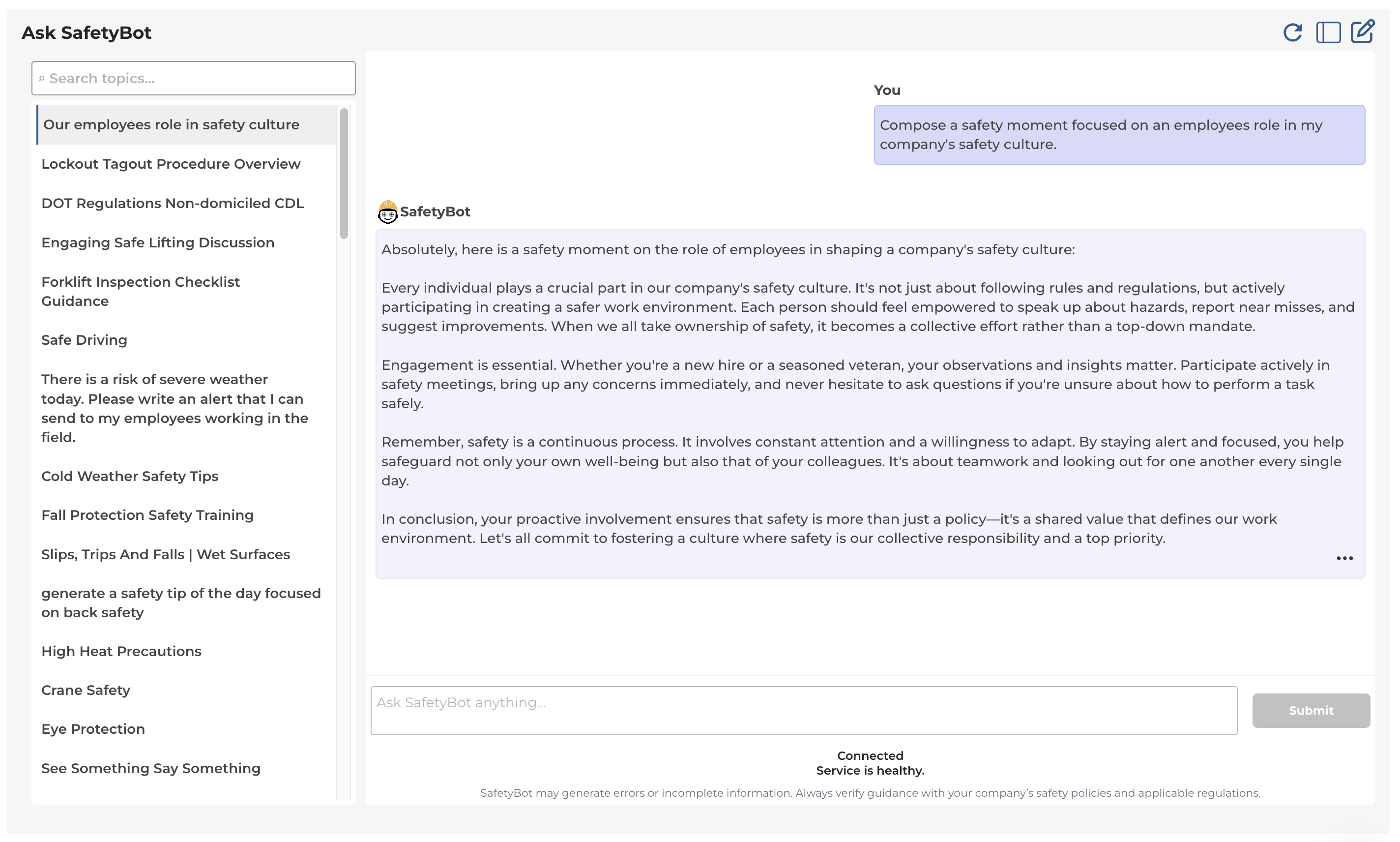 Ask SafetyBot chat view with input, submit button, and status indicators