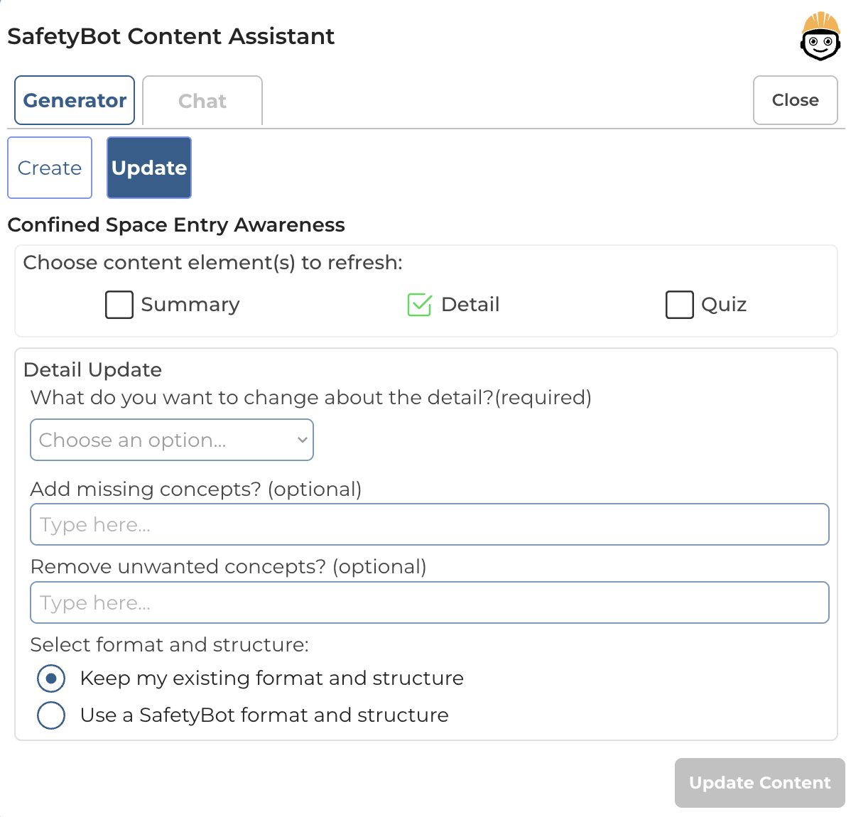 SafetyBot Update tab with section checkboxes and inputs