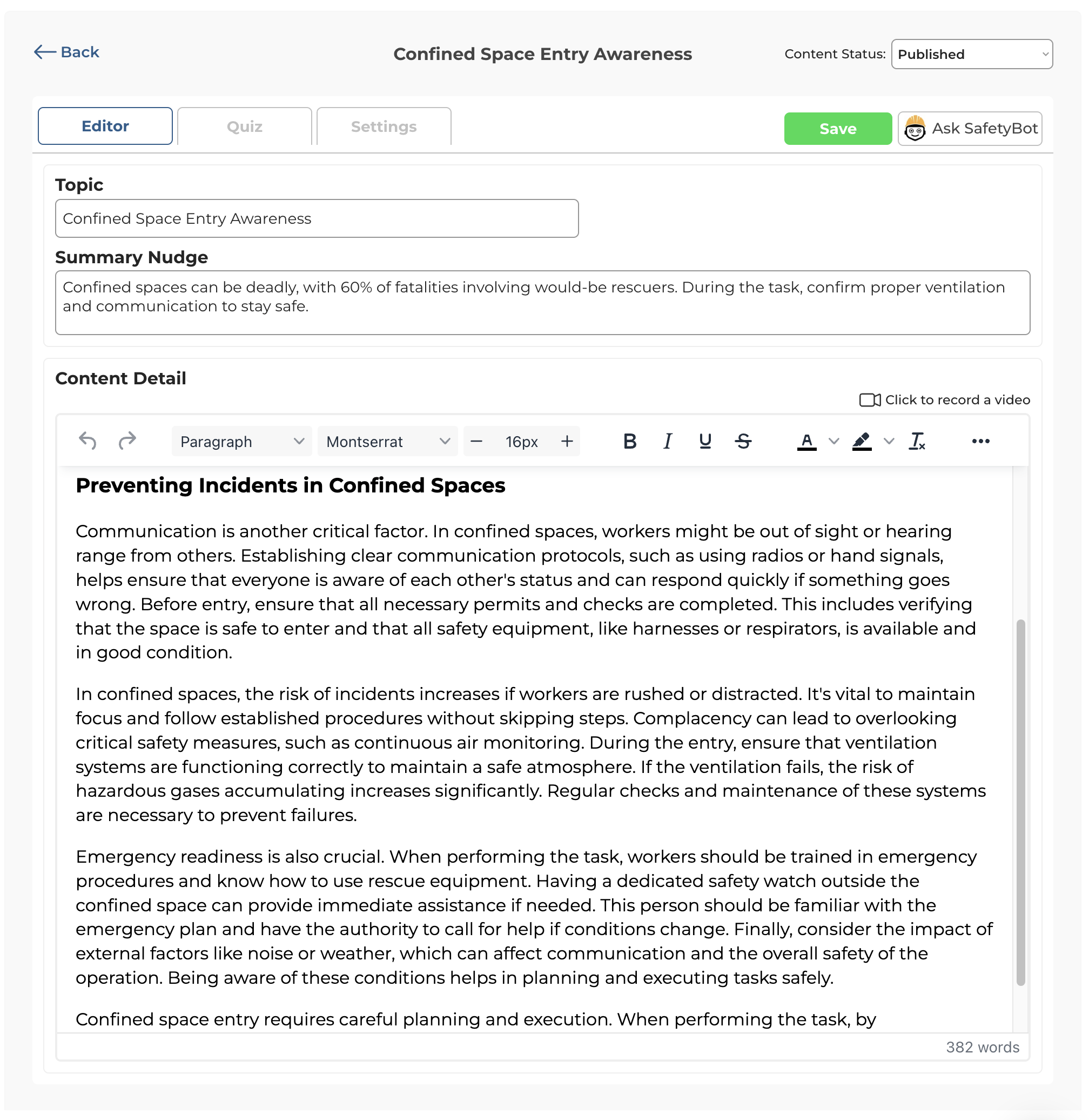 Editor tab with summary, content body, and editor toolbar