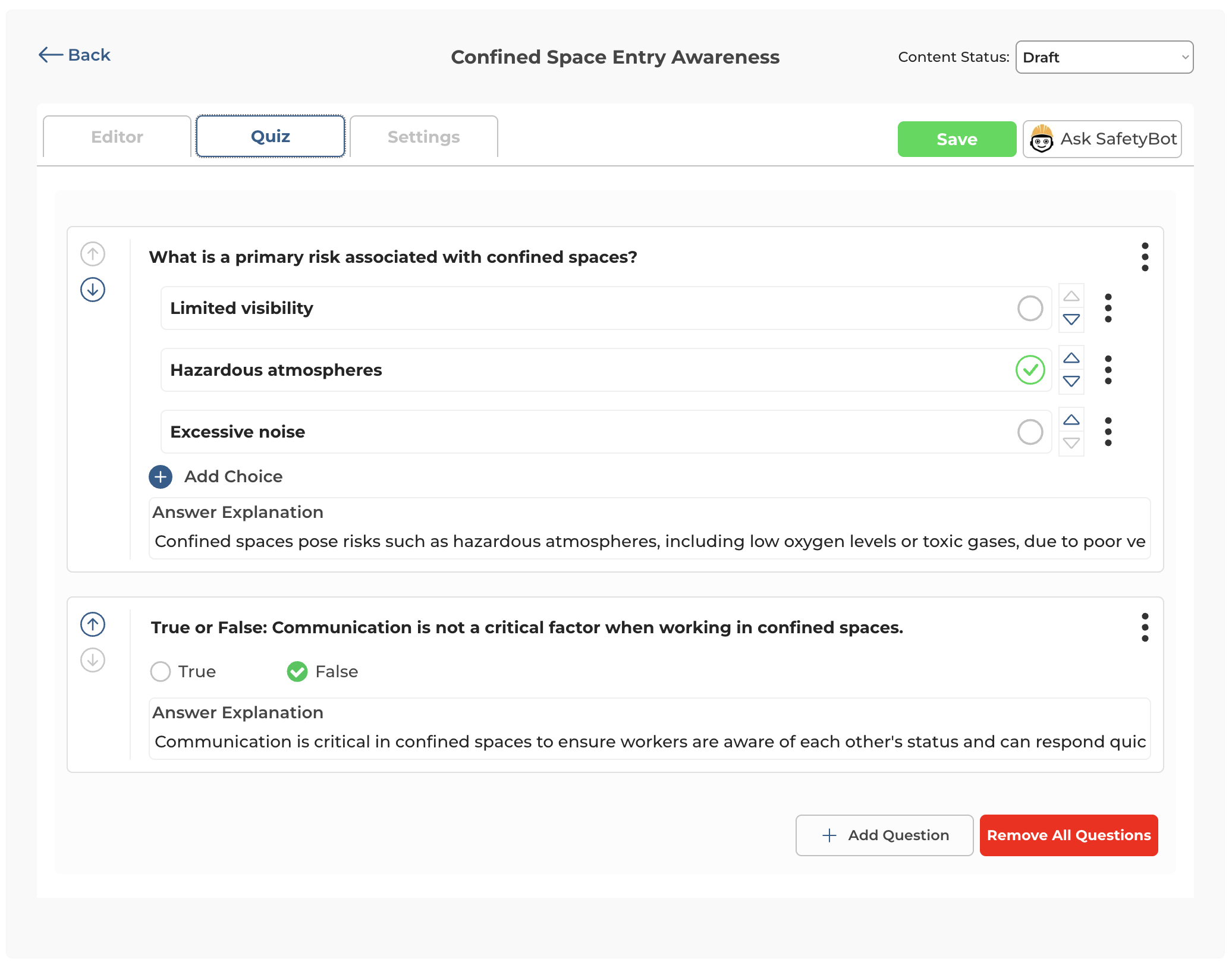 Quiz Builder with question types and correct answer selector
