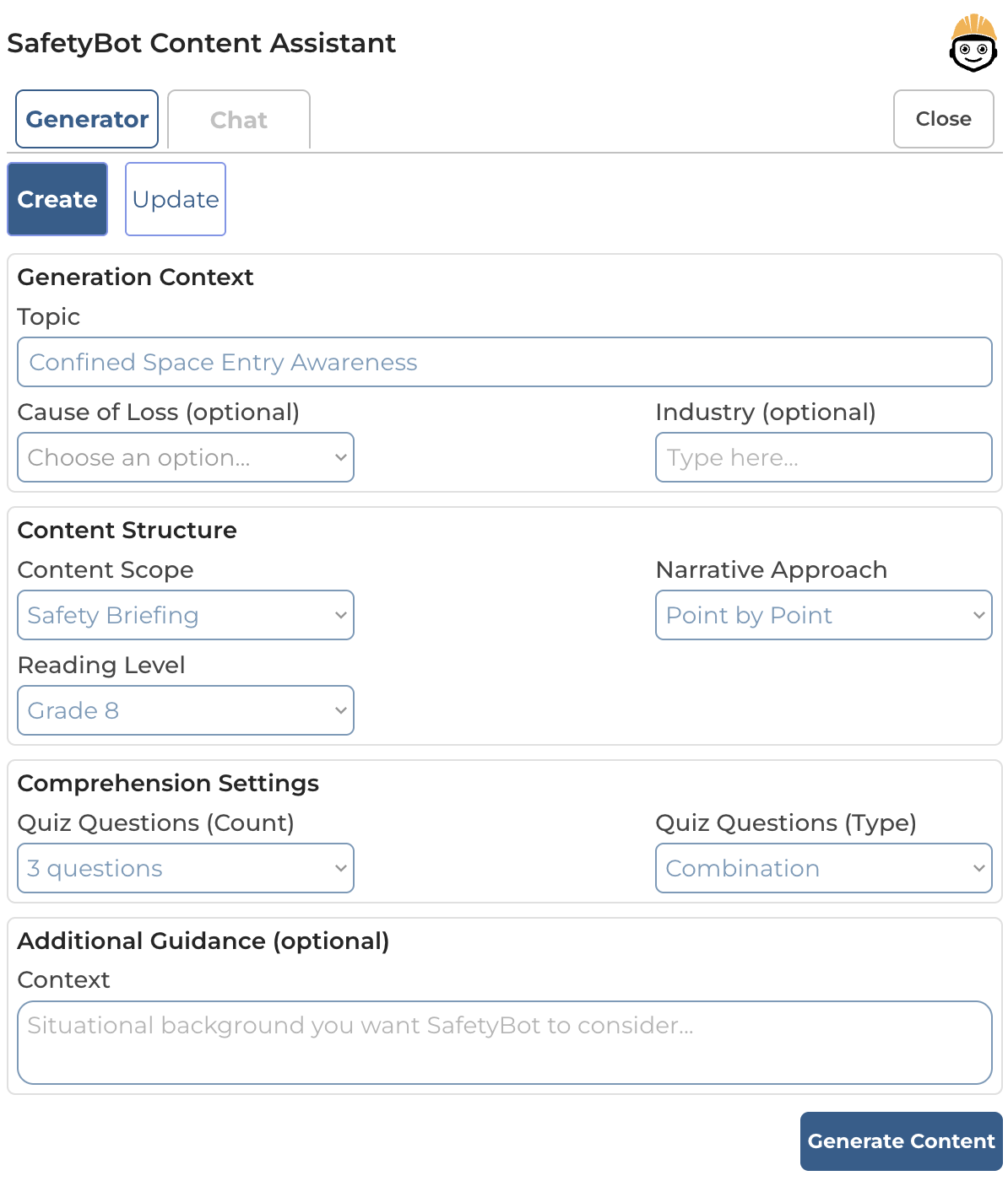 SafetyBot Generate tab with context, structure, and guidance fields