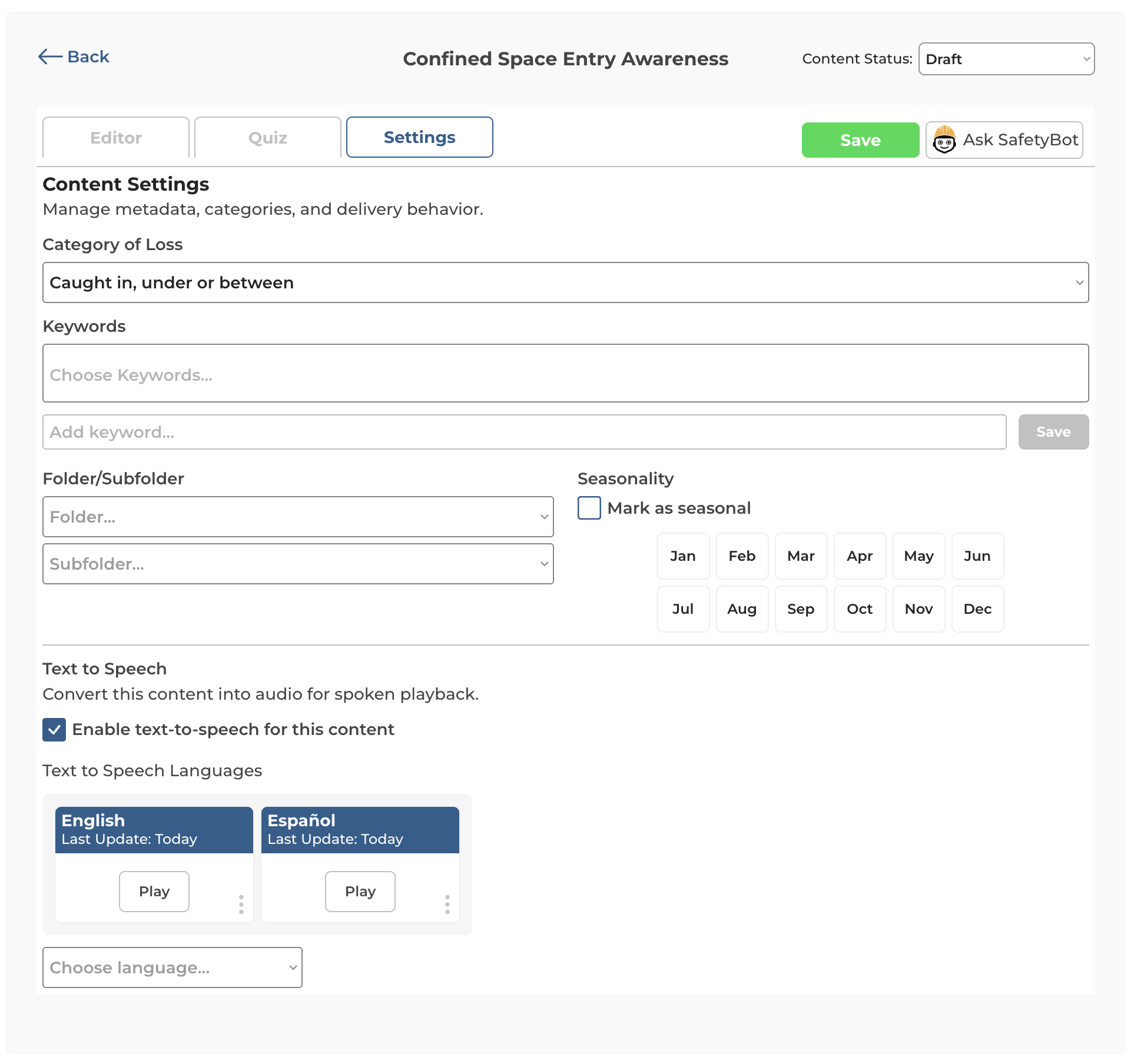 Settings tab with category, keywords, folders, seasonality, and TTS